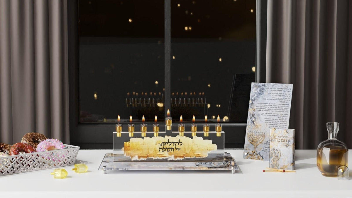 Feldart menorah displayed with a tray and Chanukah accessories